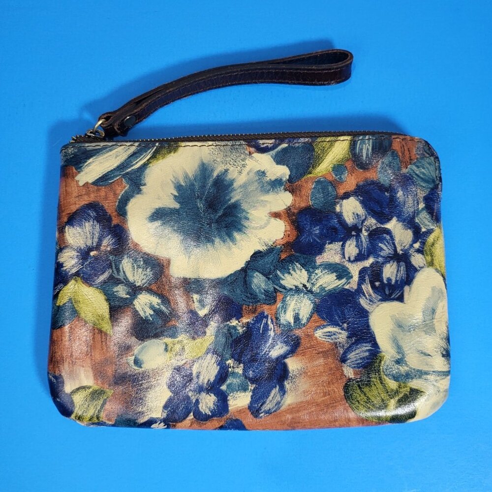 Patricia Nash Floral Leather Wristlet in Blue, Brown, Cream